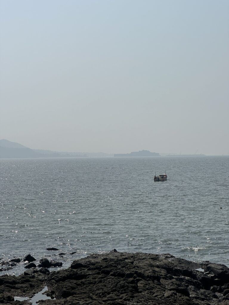 पद्मदुर्गावरून दिसणारा जंजिरा आणि त्या अगोदर दिसणारं सामराजगडाचे भूशीर!